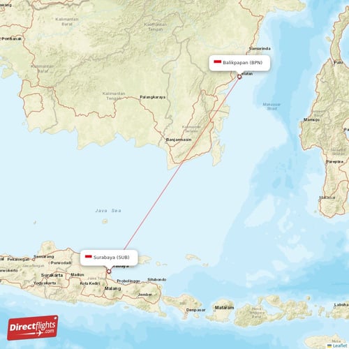 Surabaya - Balikpapan direct flight map