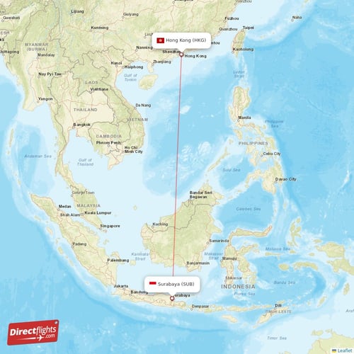 Surabaya - Hong Kong direct flight map