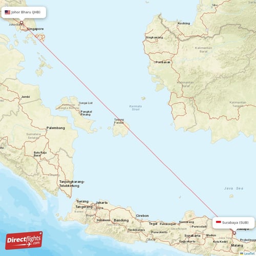 Surabaya - Johor Bharu direct flight map
