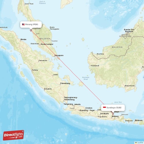 Surabaya - Penang direct flight map