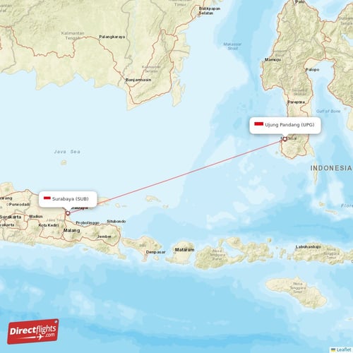 Surabaya - Ujung Pandang direct flight map