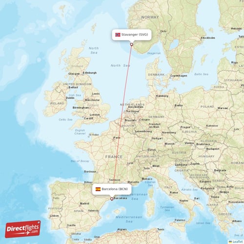 Stavanger - Barcelona direct flight map
