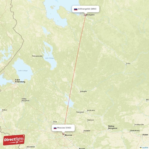 Moscow - Arkhangelsk direct flight map