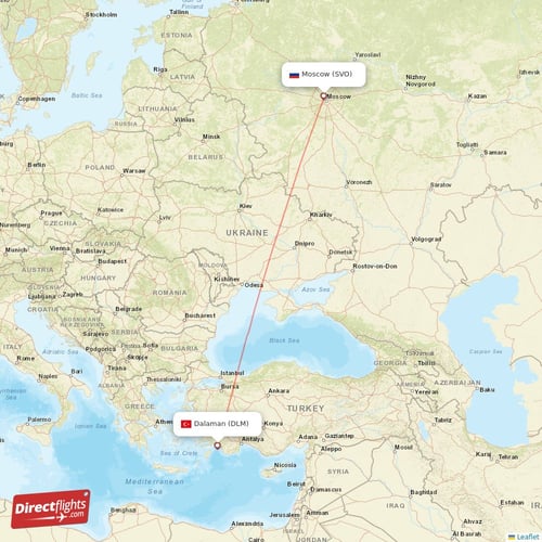 Moscow - Dalaman direct flight map