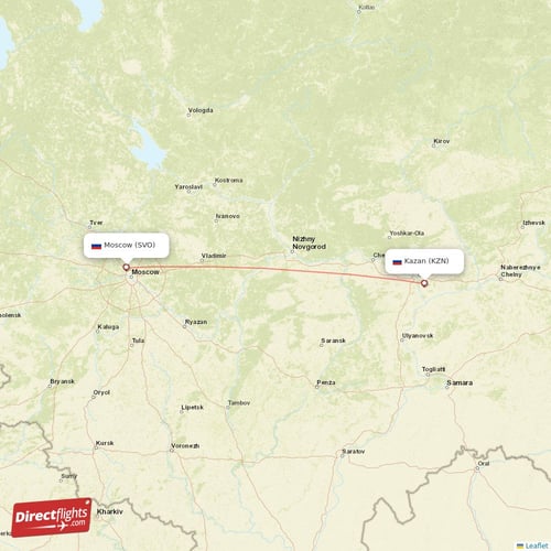 Moscow - Kazan direct flight map