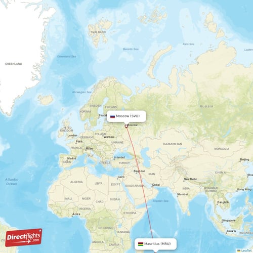 Moscow - Mauritius direct flight map