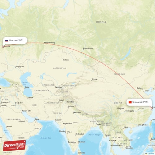 Moscow - Shanghai direct flight map