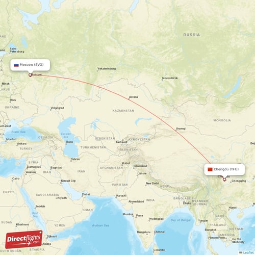 Moscow - Chengdu direct flight map