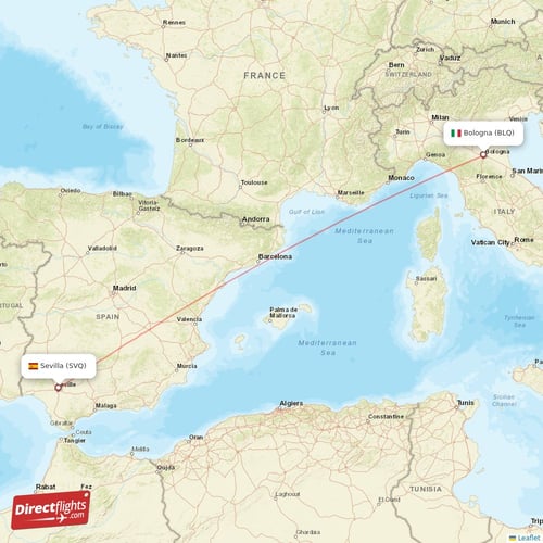 Sevilla - Bologna direct flight map