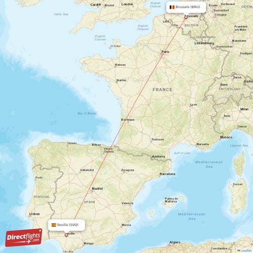 Sevilla - Brussels direct flight map