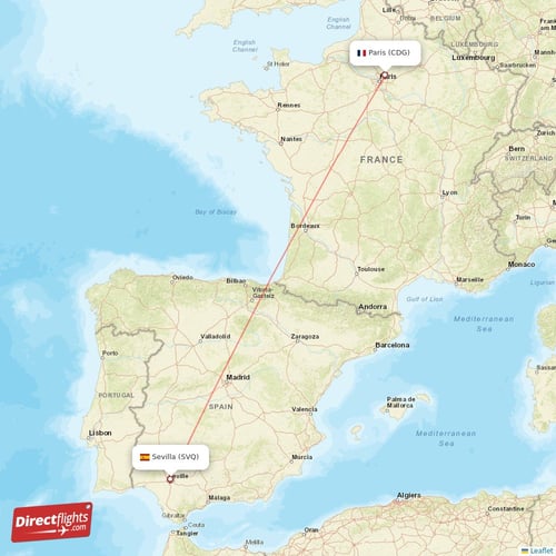 Sevilla - Paris direct flight map