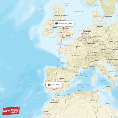 Sevilla - Manchester direct flight map