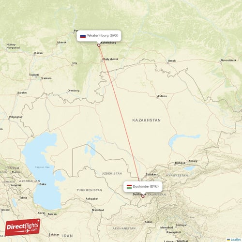 Yekaterinburg - Dushanbe direct flight map