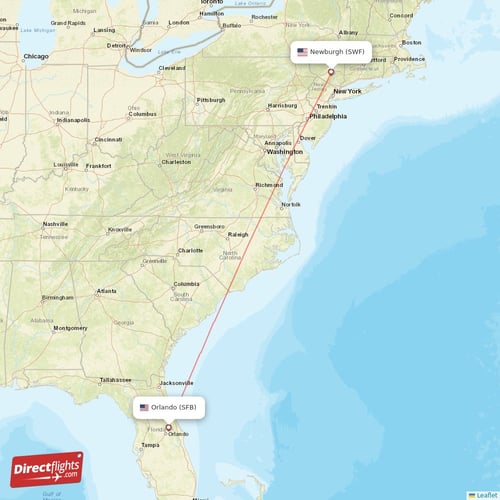 Newburgh - Orlando direct flight map
