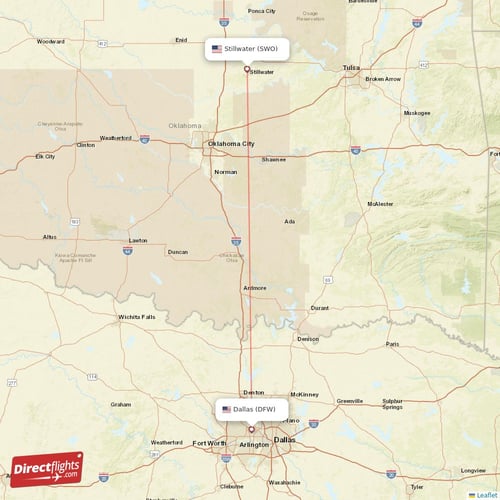 Stillwater - Dallas direct flight map