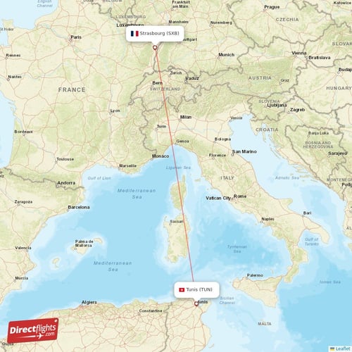 Strasbourg - Tunis direct flight map