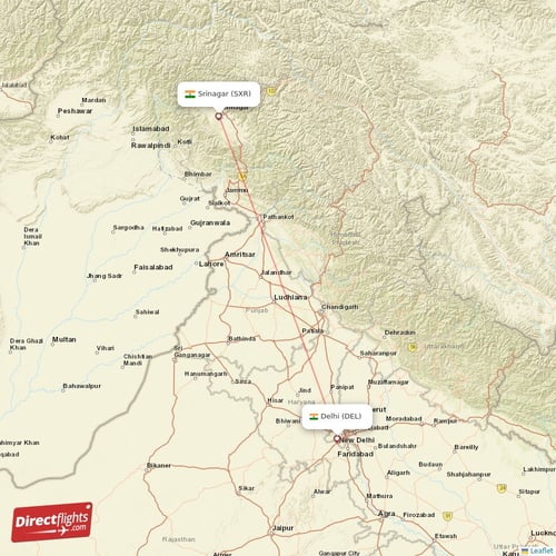 Srinagar - Delhi direct flight map