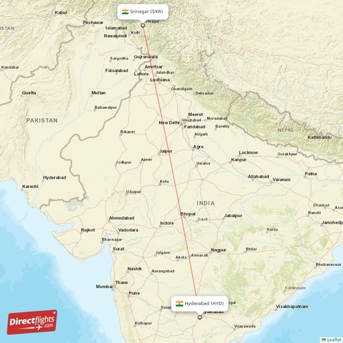 Srinagar - Hyderabad direct flight map