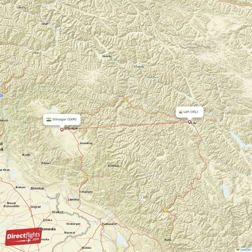 Srinagar - Leh direct flight map