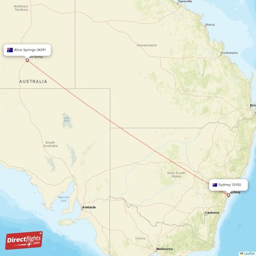 Sydney - Alice Springs direct flight map