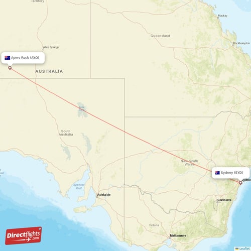 Sydney - Ayers Rock direct flight map