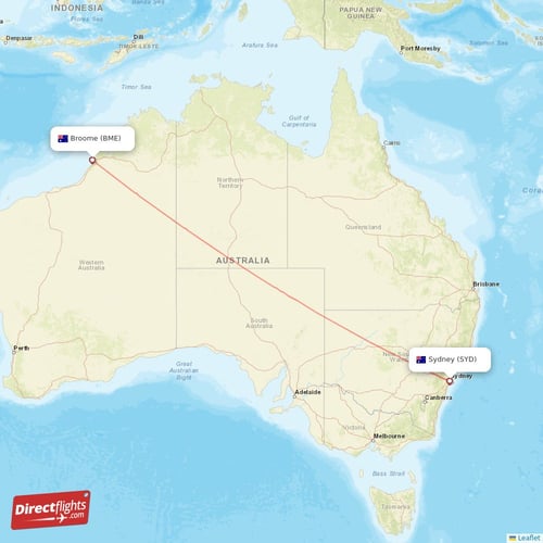 Sydney - Broome direct flight map