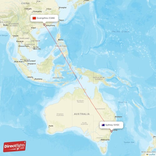 Sydney - Guangzhou direct flight map