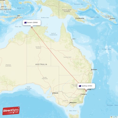 Sydney - Darwin direct flight map