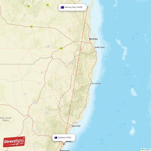 Sydney - Hervey Bay direct flight map