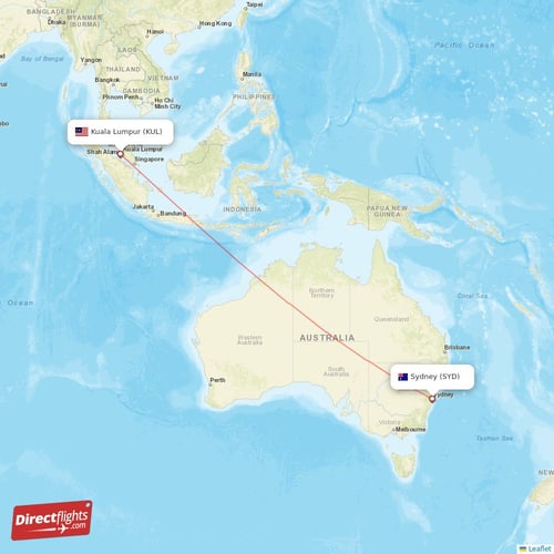 Sydney - Kuala Lumpur direct flight map