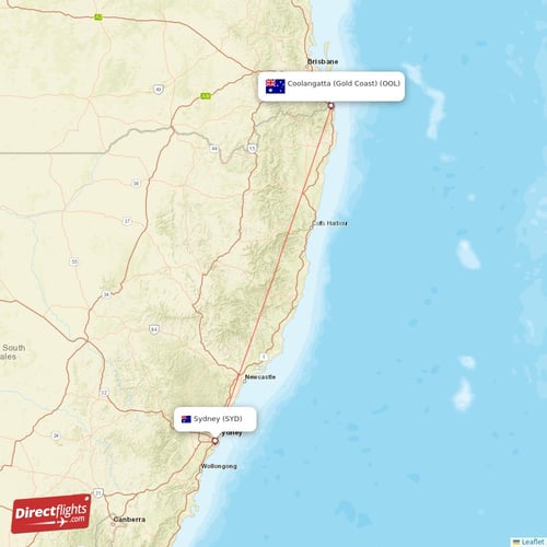 Sydney - Coolangatta (Gold Coast) direct flight map