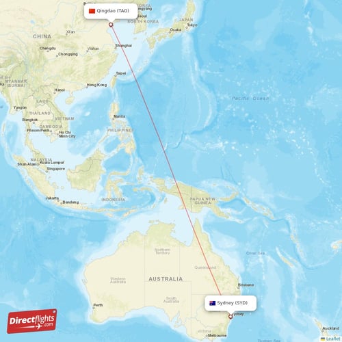 Sydney - Qingdao direct flight map