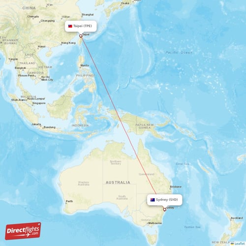 Sydney - Taipei direct flight map