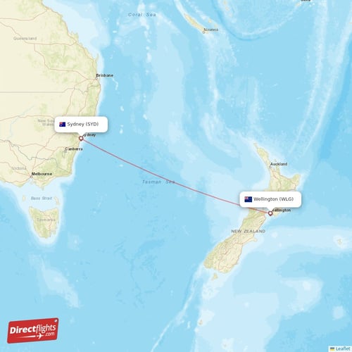 Sydney - Wellington direct flight map