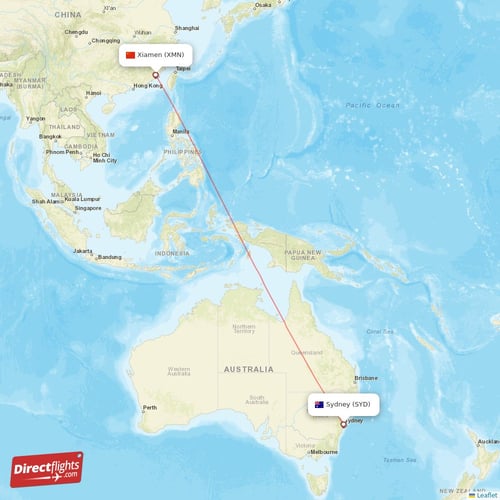 Sydney - Xiamen direct flight map