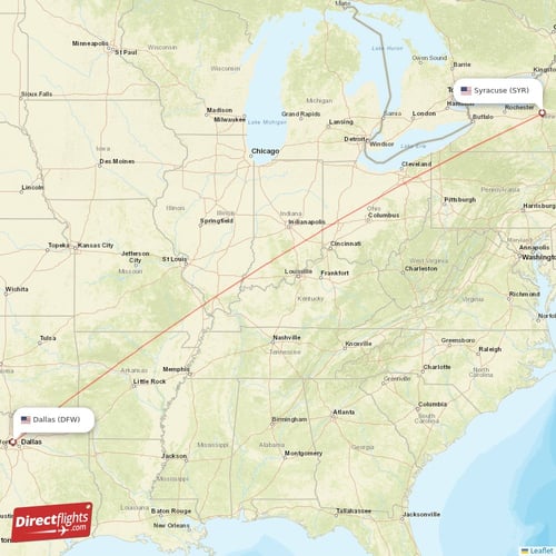Syracuse - Dallas direct flight map