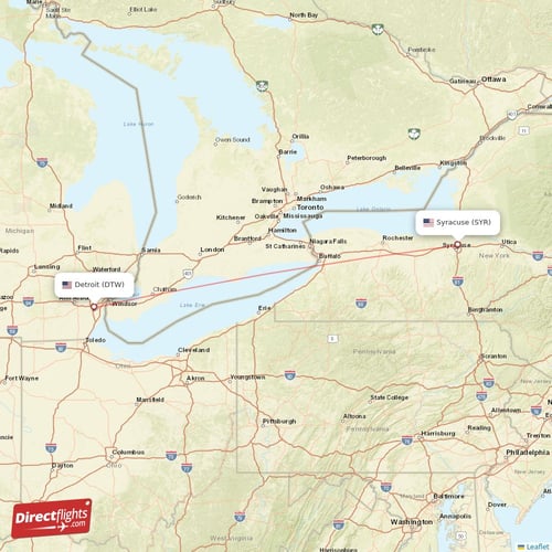 Syracuse - Detroit direct flight map
