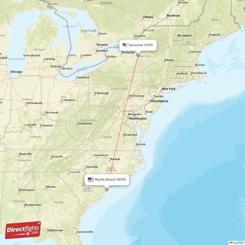 Syracuse - Myrtle Beach direct flight map