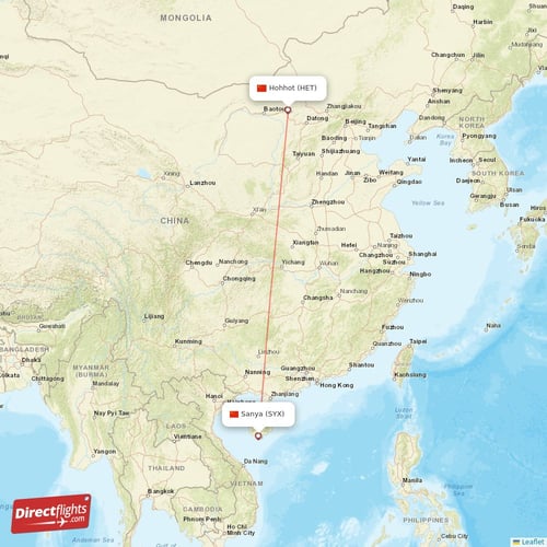 Sanya - Hohhot direct flight map