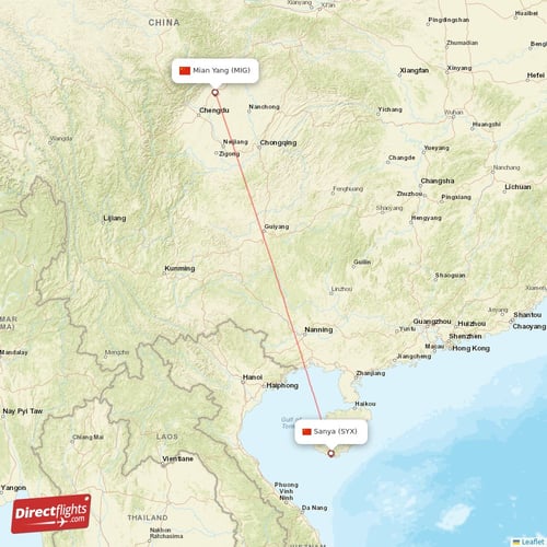 Sanya - Mian Yang direct flight map