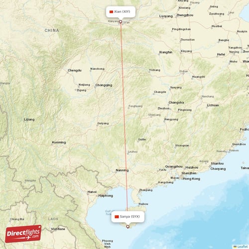 Sanya - Xian direct flight map