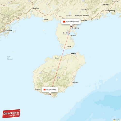 Sanya - Zhanjiang direct flight map