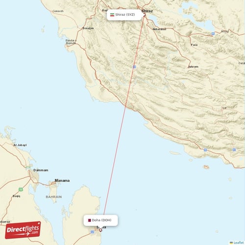 Shiraz - Doha direct flight map