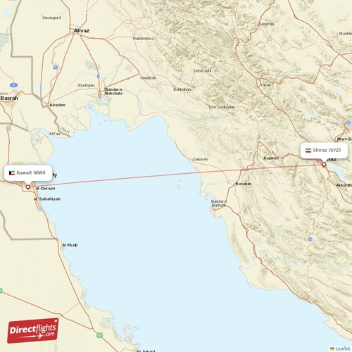 Shiraz - Kuwait direct flight map