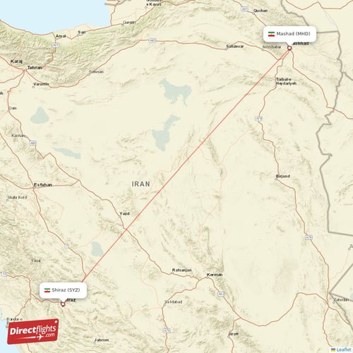 Shiraz - Mashad direct flight map