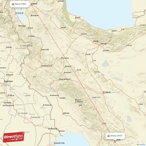 Shiraz - Tabriz direct flight map