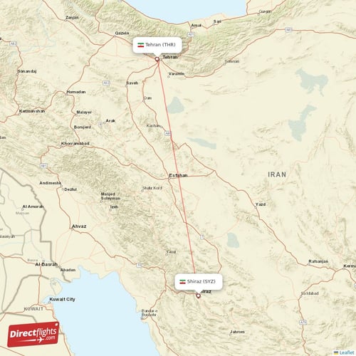 Shiraz - Tehran direct flight map