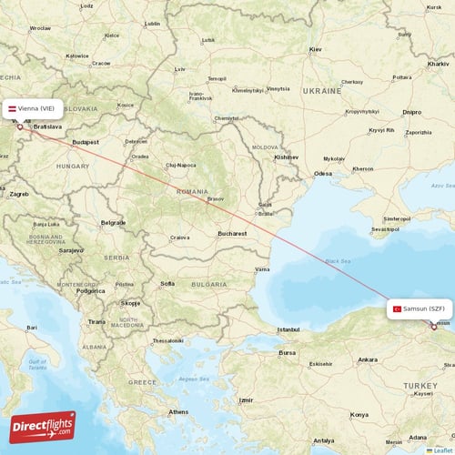 Samsun - Vienna direct flight map