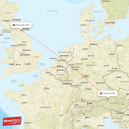Salzburg - Newcastle direct flight map