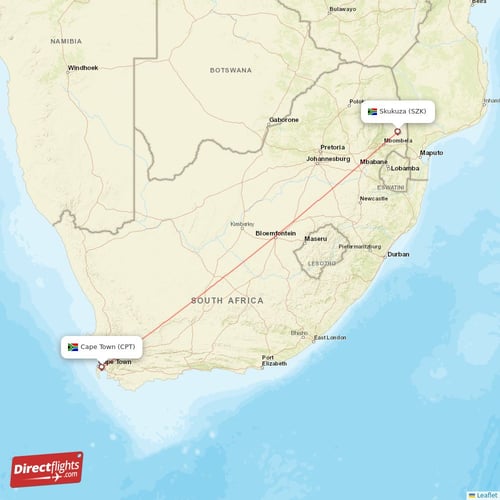 Skukuza - Cape Town direct flight map